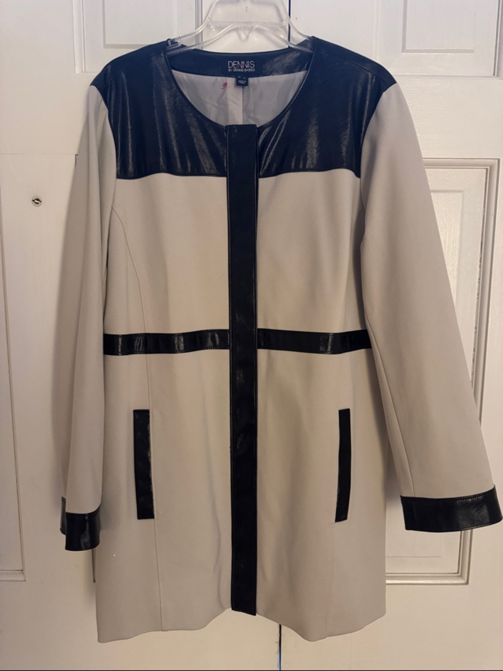 Dennis Basso Cream Coat with Black Faux-Leather Trim